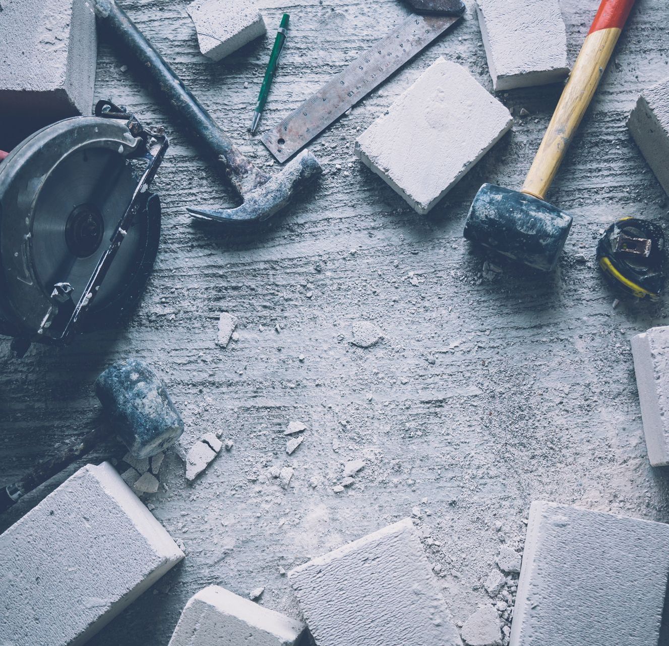 Outils de maçon, sol en béton et morceaux de parpaing en gros plan