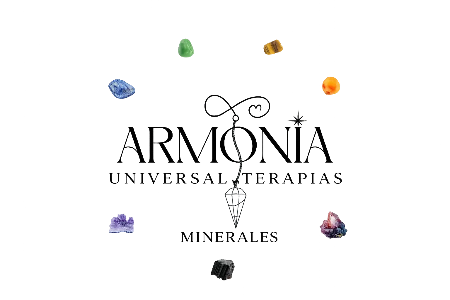 Logotipo con &ldquo;Armon&iacute;a&rdquo; y &ldquo;Terapias Universales&rdquo;, rodeado de piedras preciosas de colores y un p&eacute;ndulo.