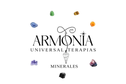 Logotipo con &ldquo;Armon&iacute;a&rdquo; y &ldquo;Terapias Universales&rdquo;, rodeado de piedras preciosas de colores y un p&eacute;ndulo.