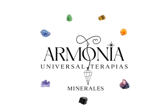 Logotipo con &ldquo;Armon&iacute;a&rdquo; y &ldquo;Terapias Universales&rdquo;, rodeado de piedras preciosas de colores y un p&eacute;ndulo.