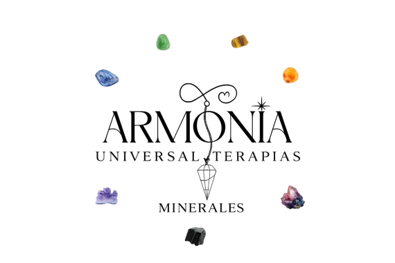 Logotipo con “Armonía” y “Terapias Universales”, rodeado de piedras preciosas de colores y un péndulo.