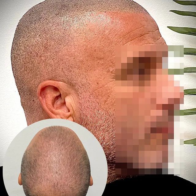 Un primer plano de la cabeza de un hombre con una planta al fondo.