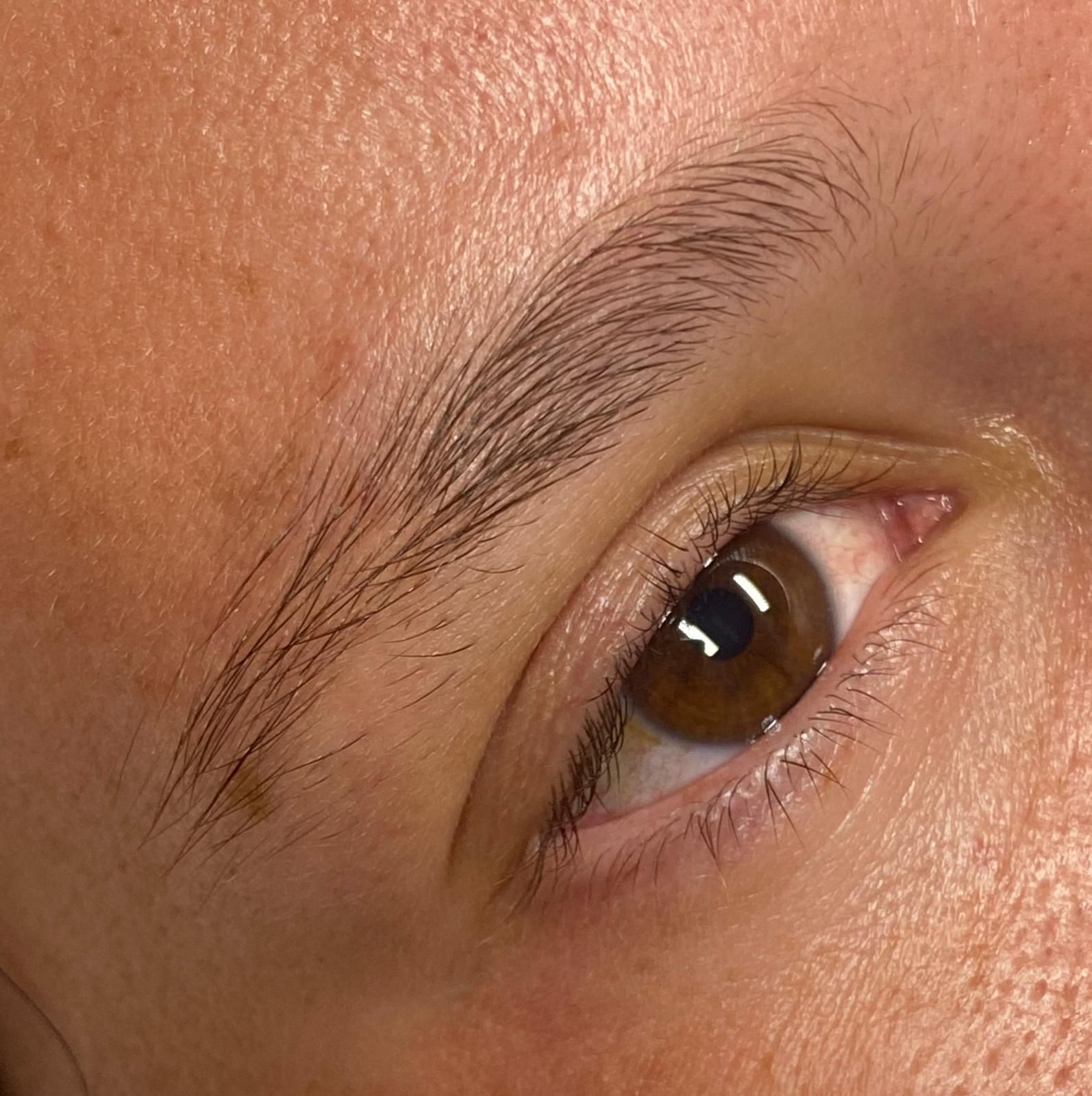 Un primer plano del ojo y las cejas de una mujer.