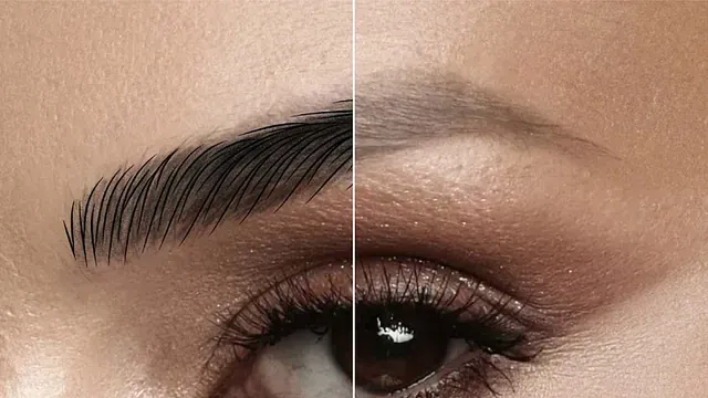 Una fotografía de antes y después de las cejas de una mujer.