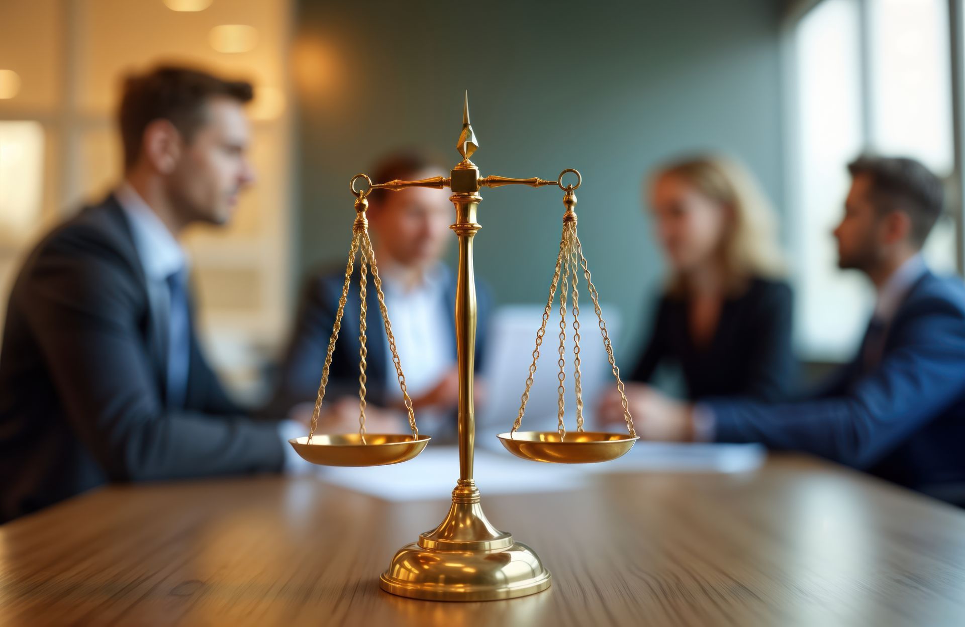 Une balance de justice en premier plan et de personnes en arrière-plan.