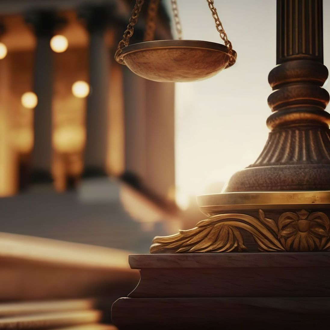 Gros plan sur la balance de la justice avec le palais de justice en arrière-plan.