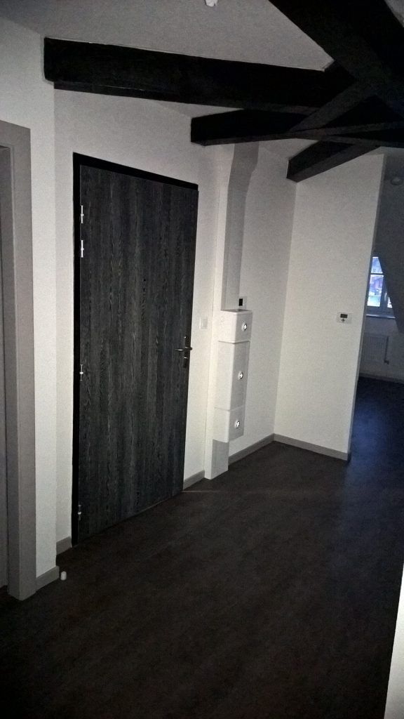 Porte et sol en bois foncé dans un couloir aux murs blancs et aux poutres noires apparentes.