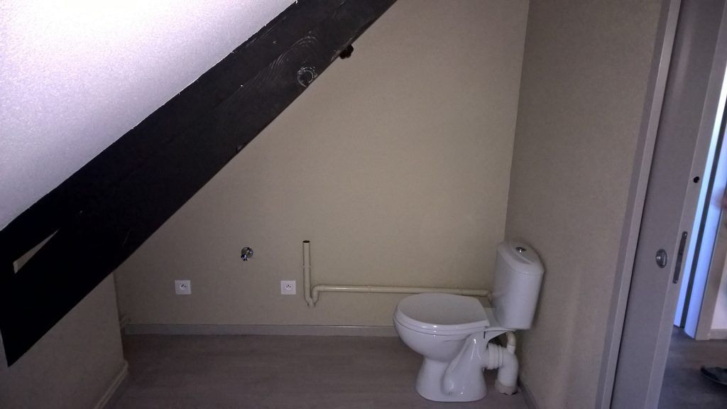 Une petite salle de bains avec des toilettes, des murs beiges et un plafond mansardé. Une poutre sombre traverse le plafond.