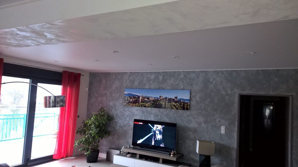 Salon avec mur gris texturé, télévision, tableau représentant un paysage urbain et plante. Rideaux rouges et porte coulissante.