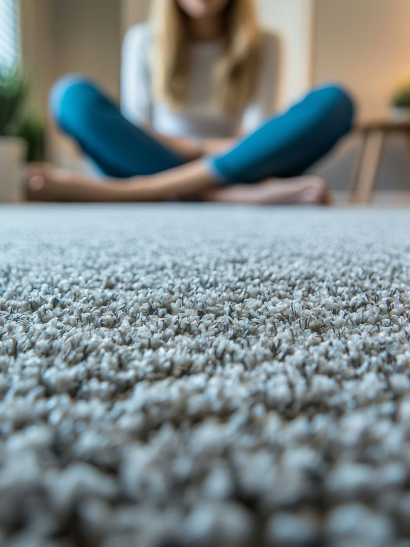 Femme assise en tailleur sur un tapis de couleur claire, fond flou, jambes en pantalon bleu.