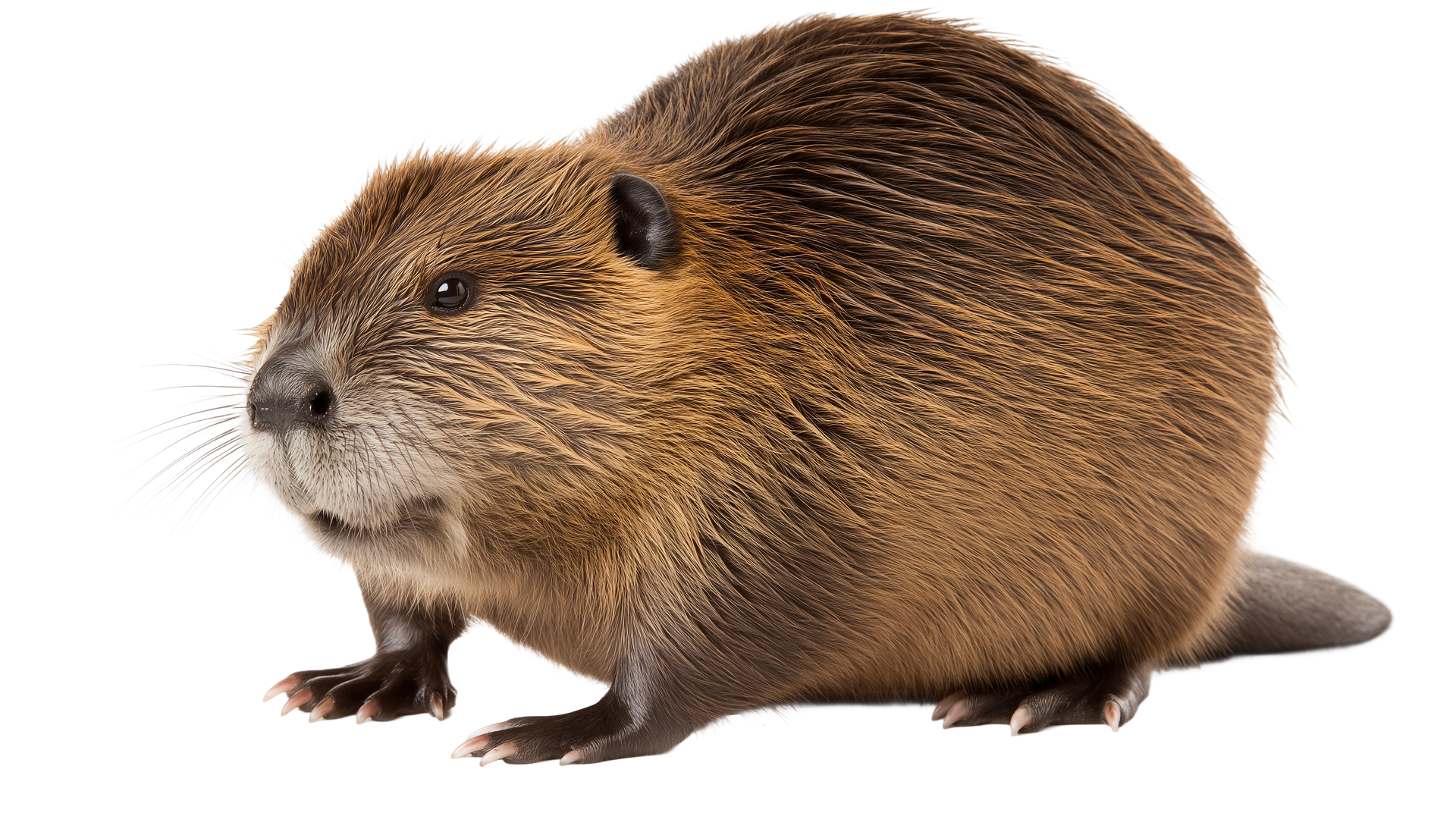 Castor à fourrure brune, debout sur ses pattes courtes, regardant vers le spectateur.