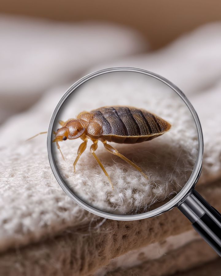 Punaise de lit agrandie sur un tissu blanc plié.