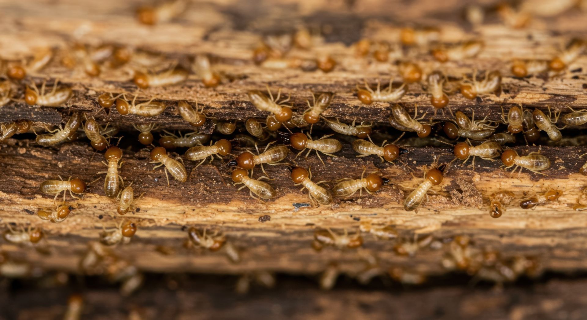 Termites rampant sur et dans le bois endommagé.