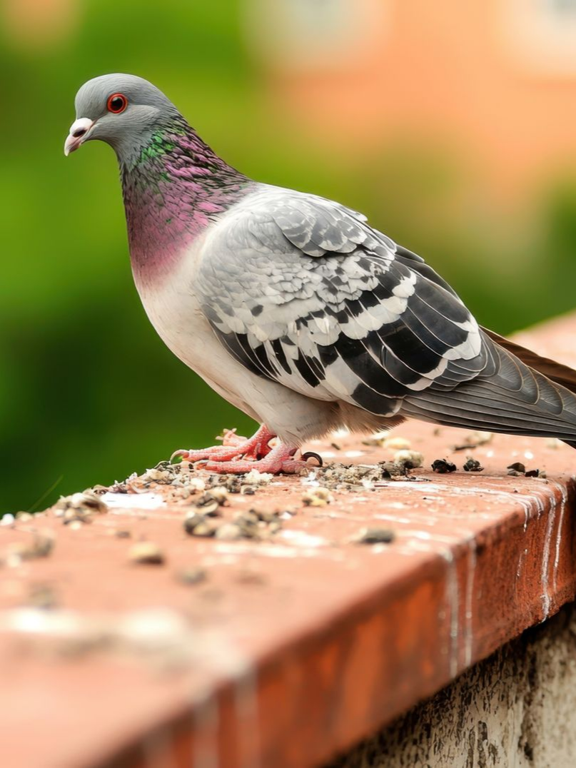 Pigeon à la poitrine rose et aux ailes grises perché sur un rebord en brique, avec un arrière-plan flou.