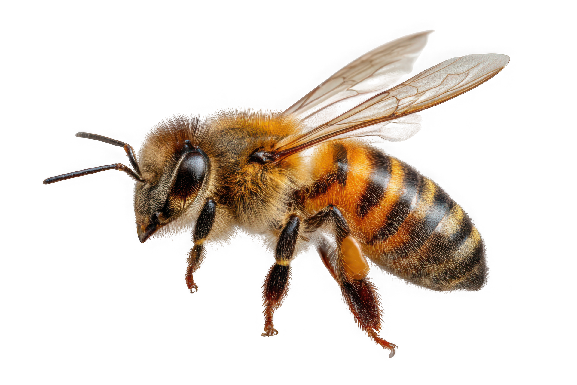 Abeille en vol, avec des rayures brunes et noires, ailes transparentes, isolée sur fond blanc.