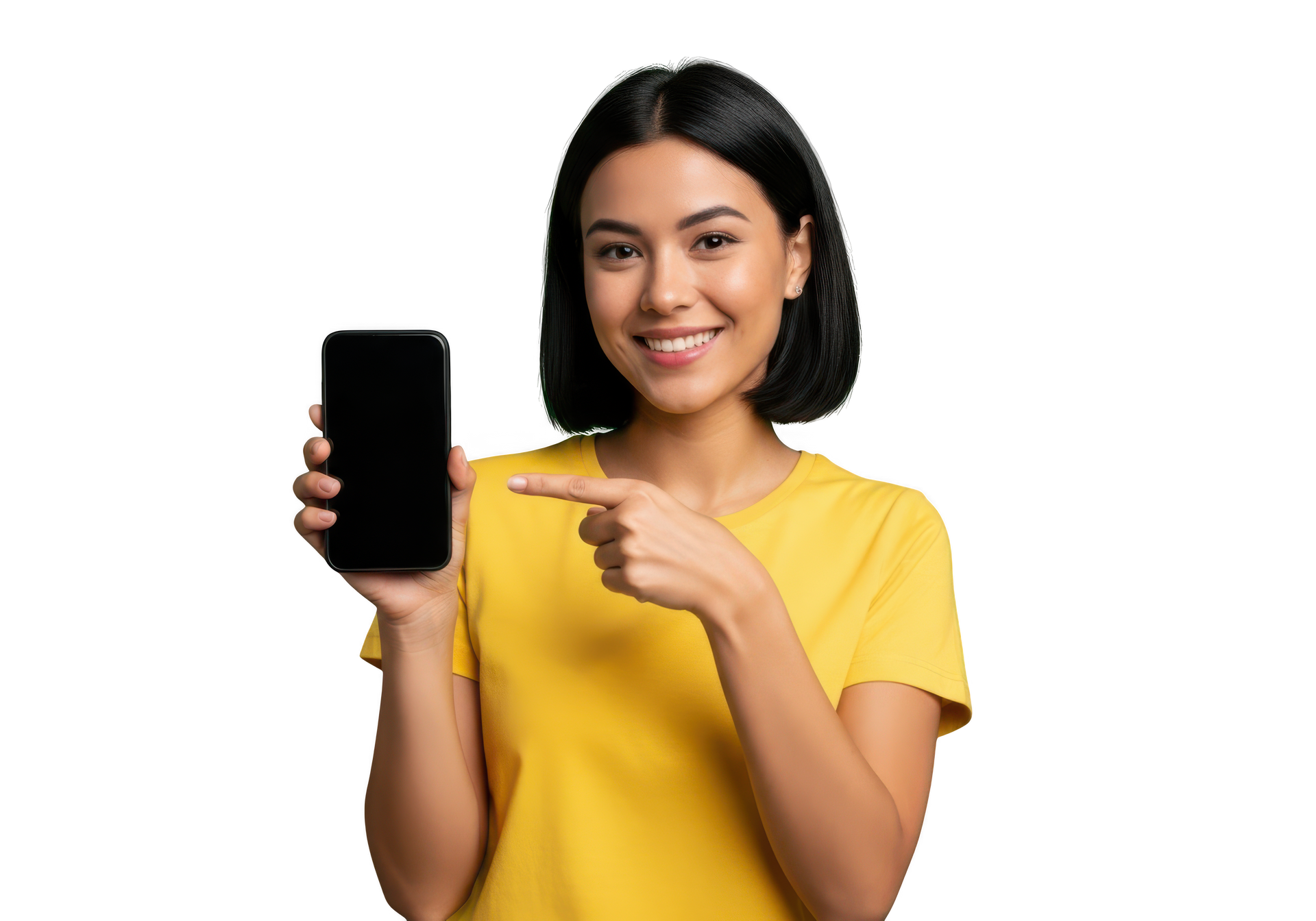 Une femme en t-shirt jaune pointe un smartphone avec un écran noir, souriant sur fond blanc.