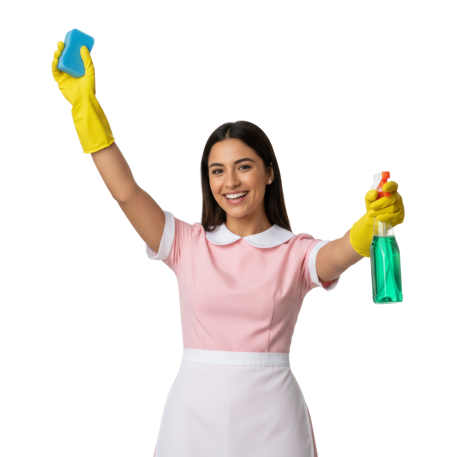 Une femme qui sourit avec des produits ménagers dans les mains