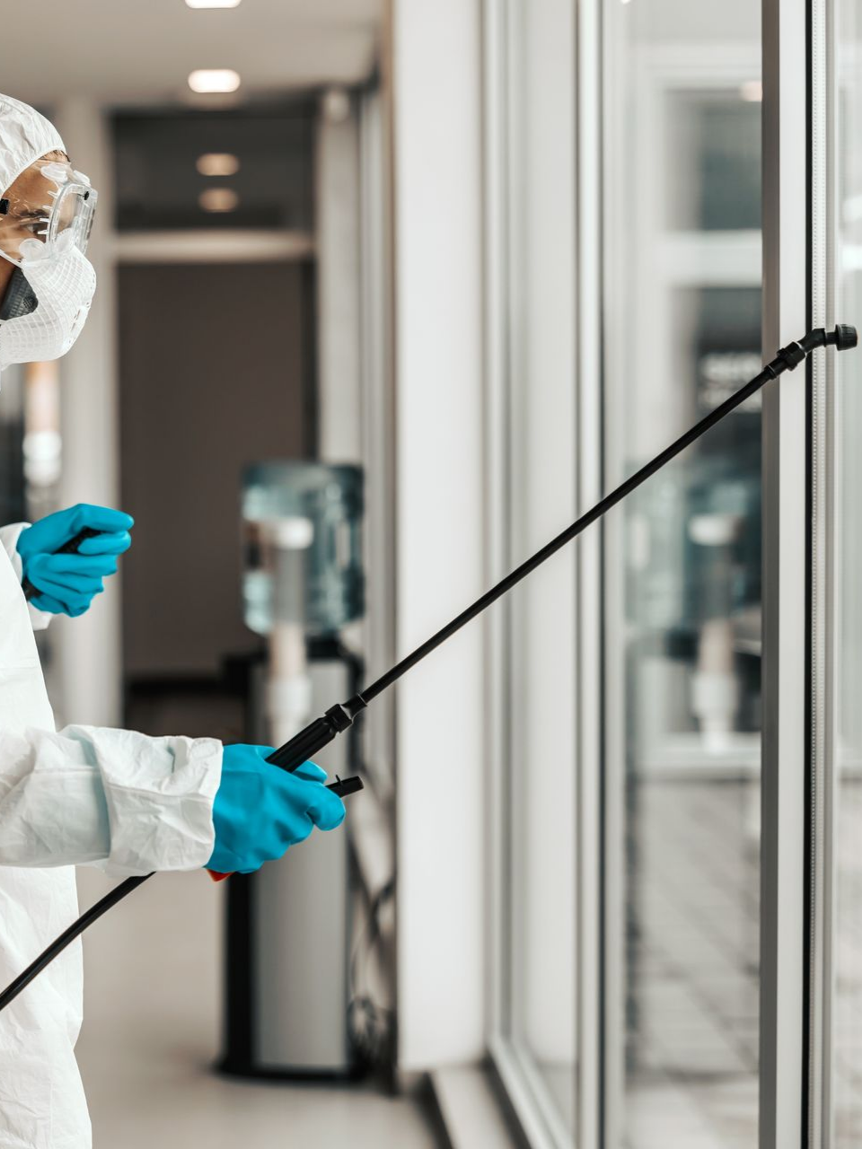 Un homme qui desinfecte des vitres dans un lieu public