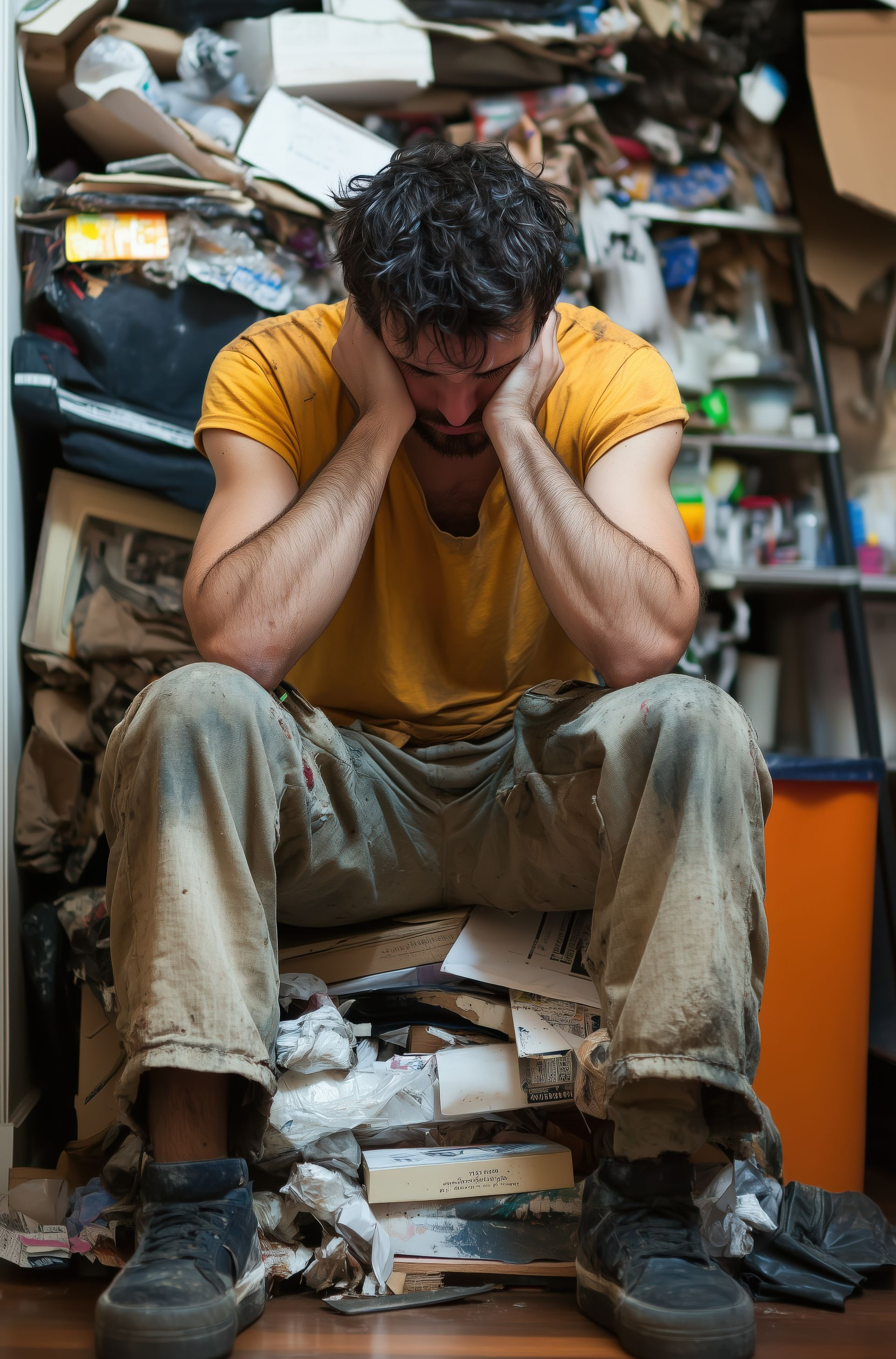 Un homme est assis, la tête entre les mains, au milieu du désordre dans une pièce en désordre. T-shirt jaune, expression affligée.