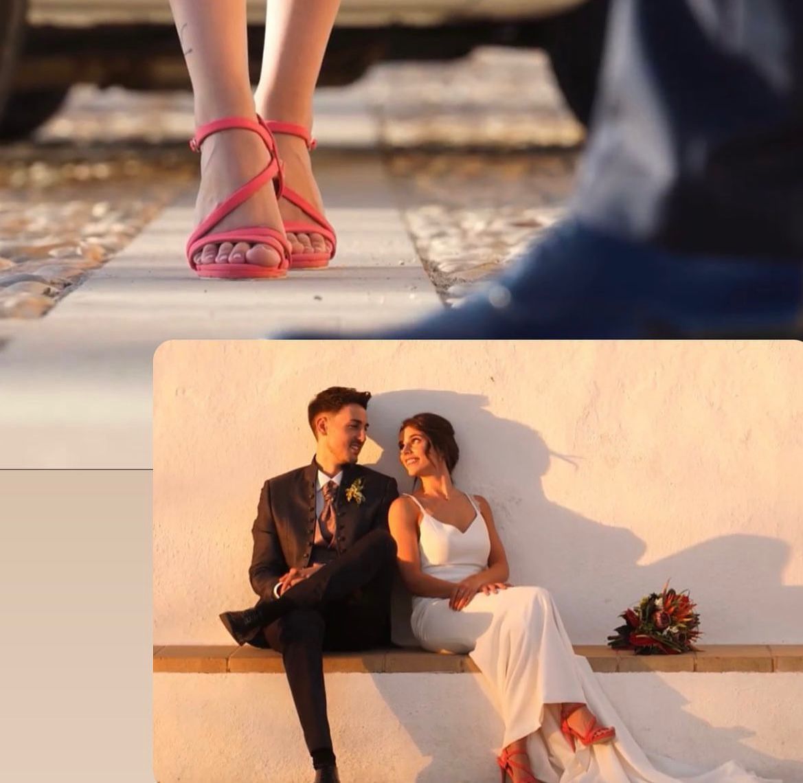 Fotos de boda con tacones rosas: Los novios sentados, mirándose. La foto del recuadro muestra los pies de la novia