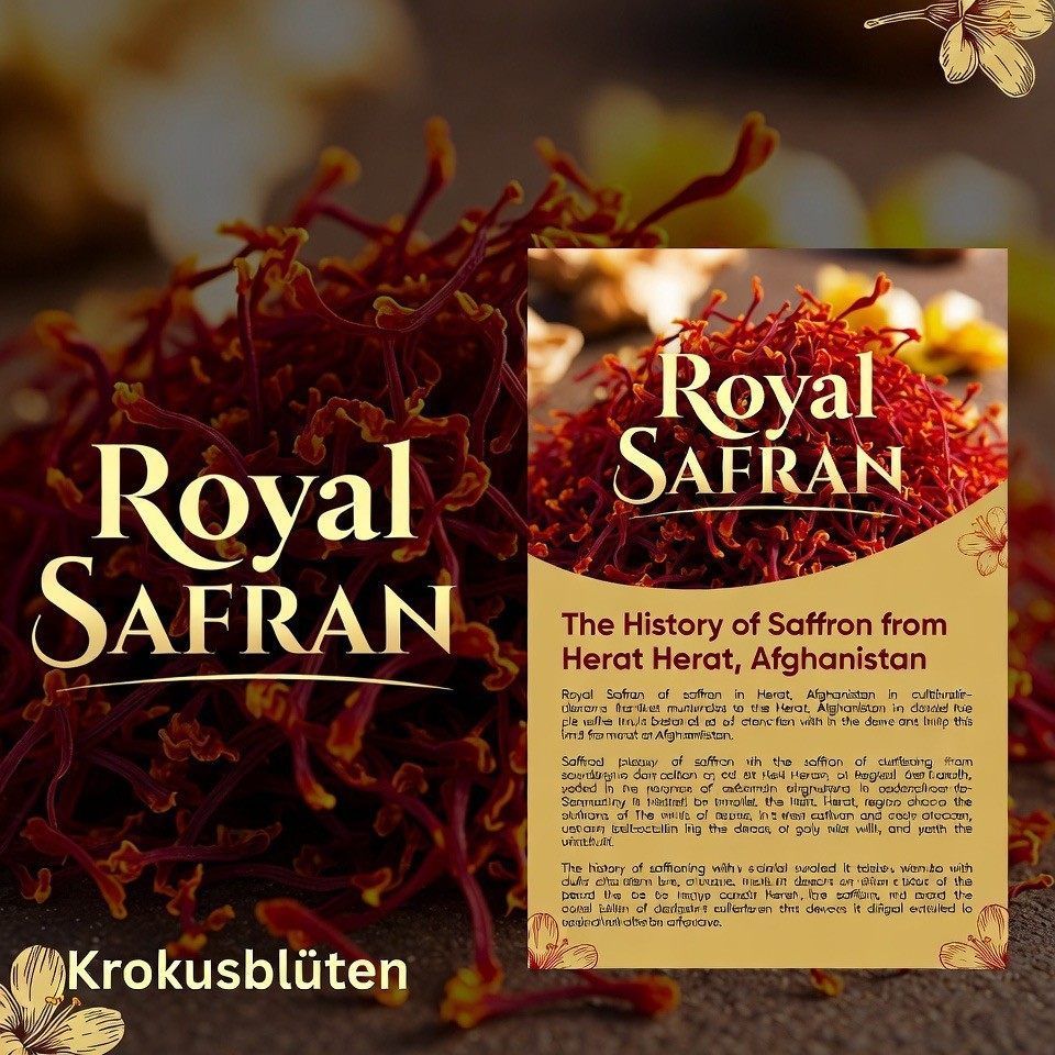 Eine Werbegrafik mit roten Safranfäden, dem Text „Royal Safran“ und einem historischen Text über Herat, Afghanistan.