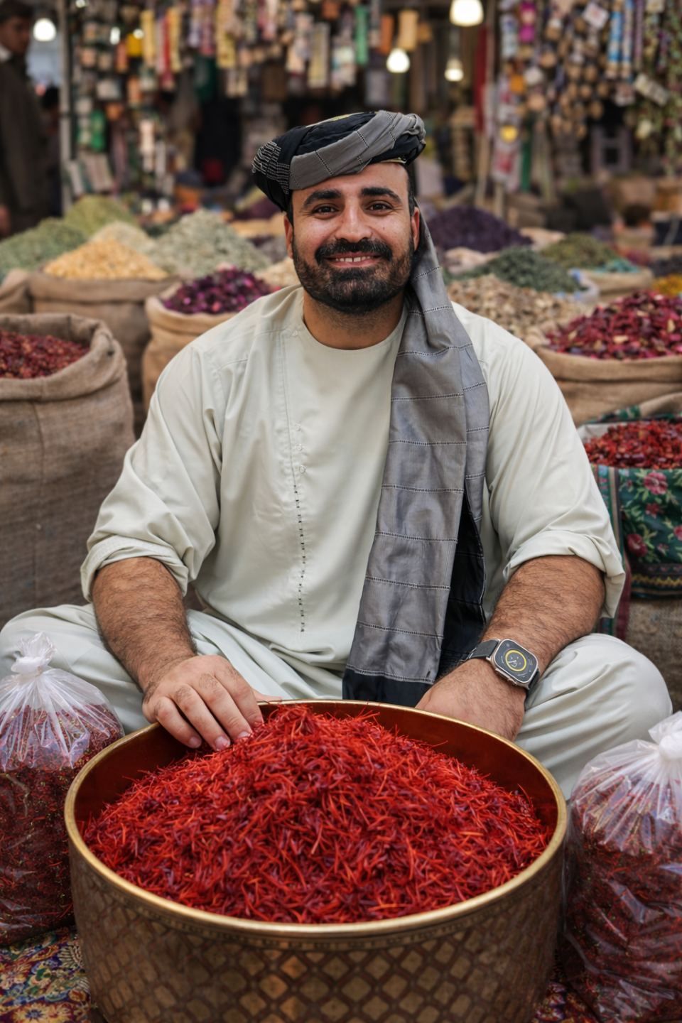 Ein lächelnder Verkäufer mit traditioneller Kopfbedeckung sitzt inmitten von Jutesäcken voller Gewürze und hält eine große Schüssel mit leuchtend rotem Safran in der Hand.