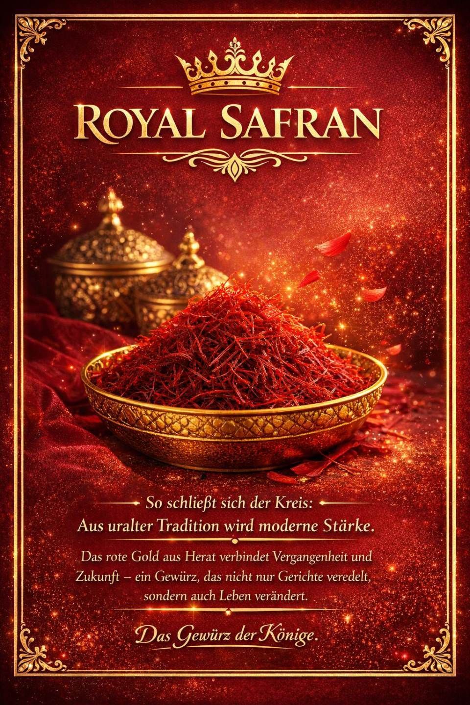 Eine Schale mit leuchtend roten Safranfäden vor einem strahlenden, strukturierten roten Hintergrund mit kunstvollen goldenen Akzenten und Schriftzügen.