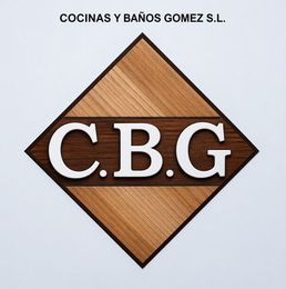Logotipo de CBG en un rombo con textura de madera con &ldquo;Cocinas y Ba&ntilde;os Gomez SL&rdquo; en la parte superior.