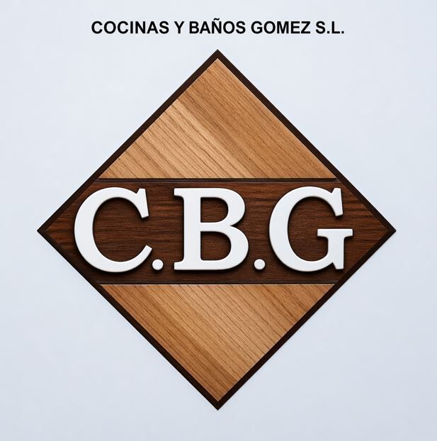 Logotipo de CBG en un rombo con textura de madera con &ldquo;Cocinas y Ba&ntilde;os Gomez SL&rdquo; en la parte superior.