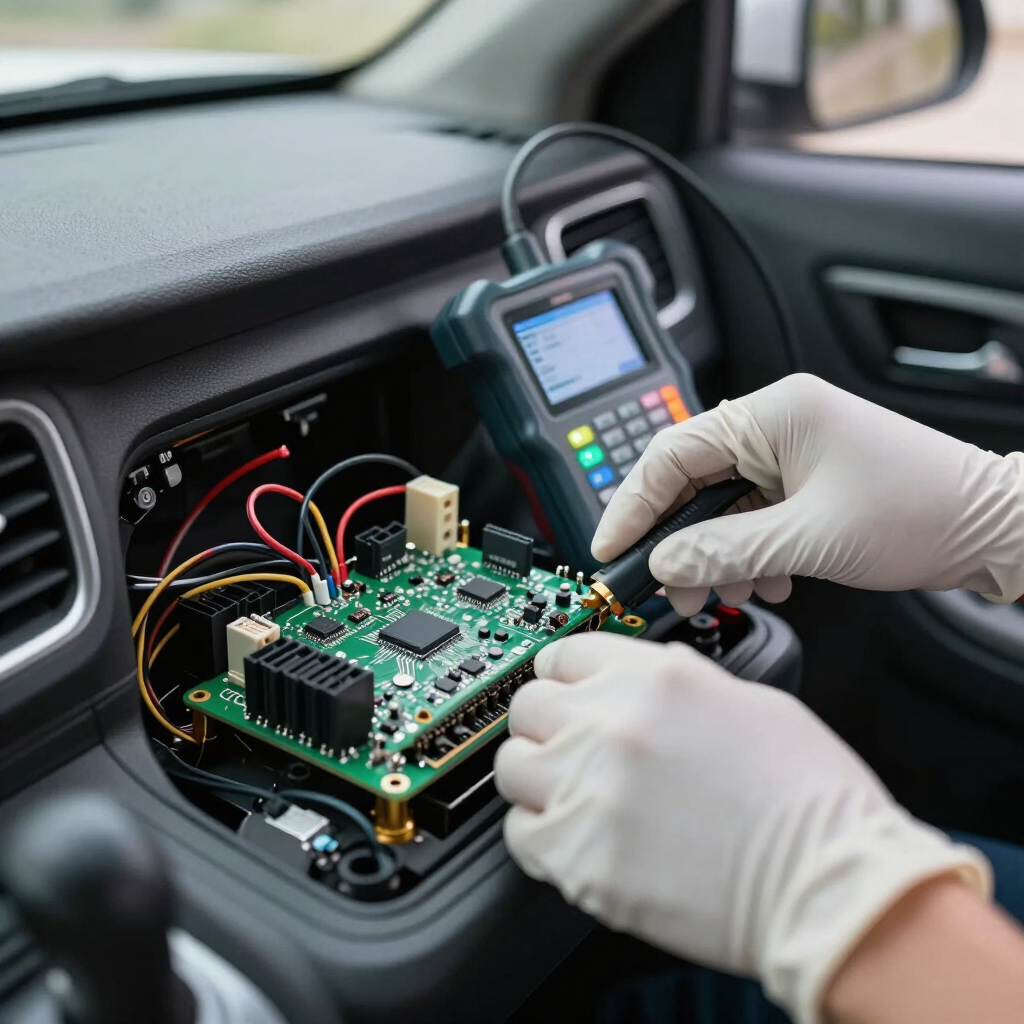 Manos enguantadas reparan una placa de circuito electrónico dentro del salpicadero de un coche con un equipo de diagnóstico cerca.