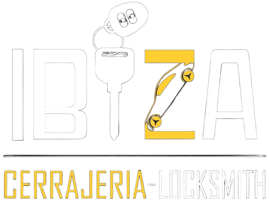 Logotipo de IBIZA Cerrajería con candado y llave amarillos formando la Z, más el texto “Locksmith”