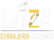 Logotipo de IBIZA Cerrajería con candado y llave amarillos formando la Z, más el texto “Locksmith”