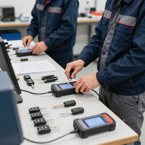 Técnicos probando dispositivos electrónicos en un banco de trabajo de laboratorio con cables y medidores portátiles.