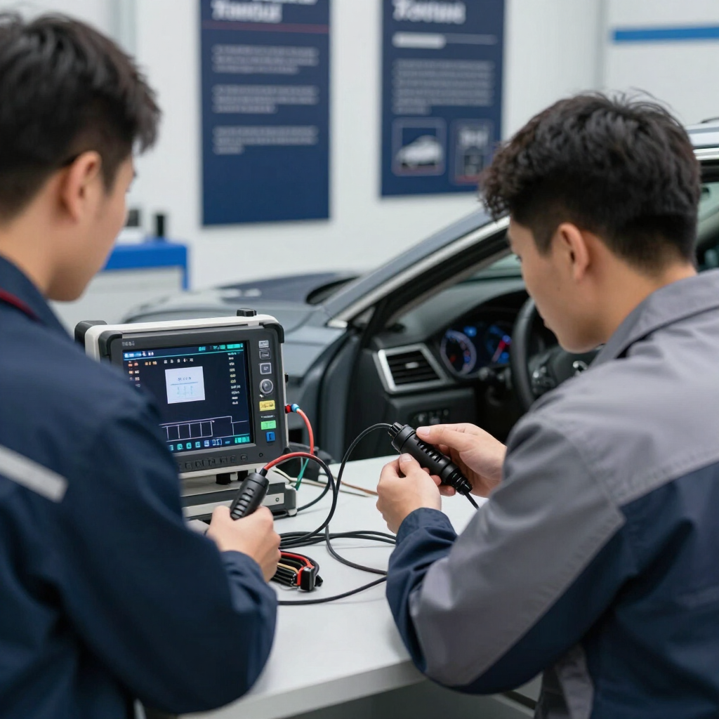 Dos técnicos probando la electrónica de un automóvil con equipos de diagnóstico en un taller.