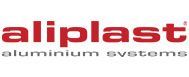 Ein rot-weißes Logo für Aliplast Aluminiumsysteme.