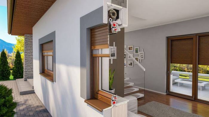 Ein Haus mit einem Fenster mit Rollladen daran