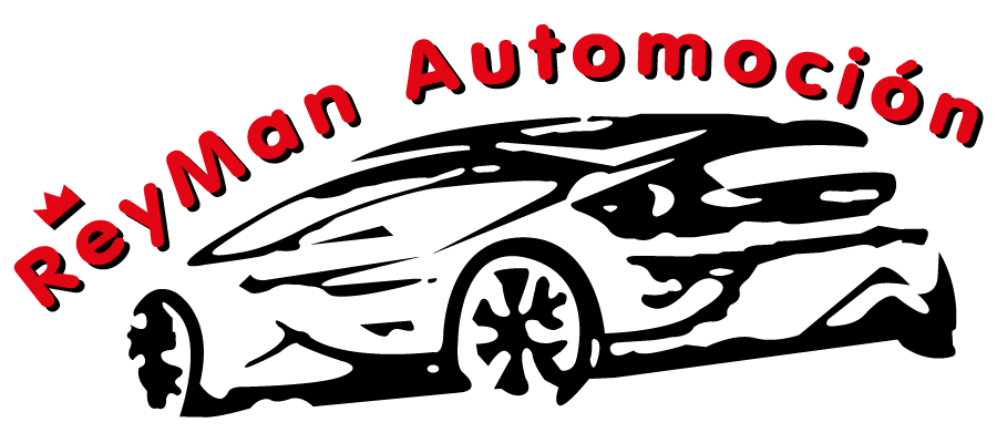 Logotipo de ReyMan Automoción, con la silueta de un coche negro y texto rojo sobre fondo blanco.