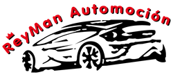 Logotipo de ReyMan Automoción, con la silueta de un coche negro y texto rojo sobre fondo blanco.