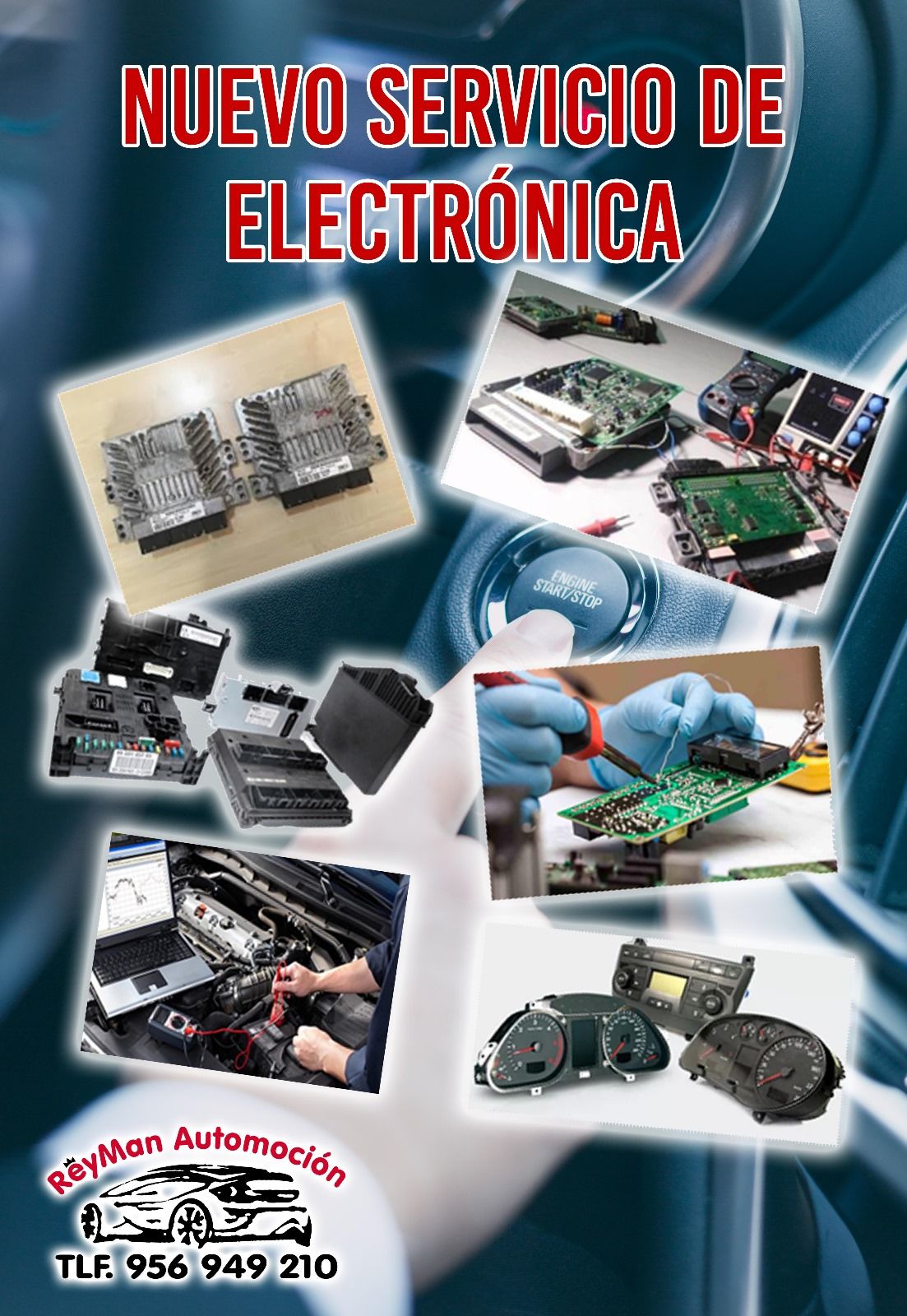 Anuncio de un nuevo servicio de electrónica con placas de circuitos, herramientas de reparación