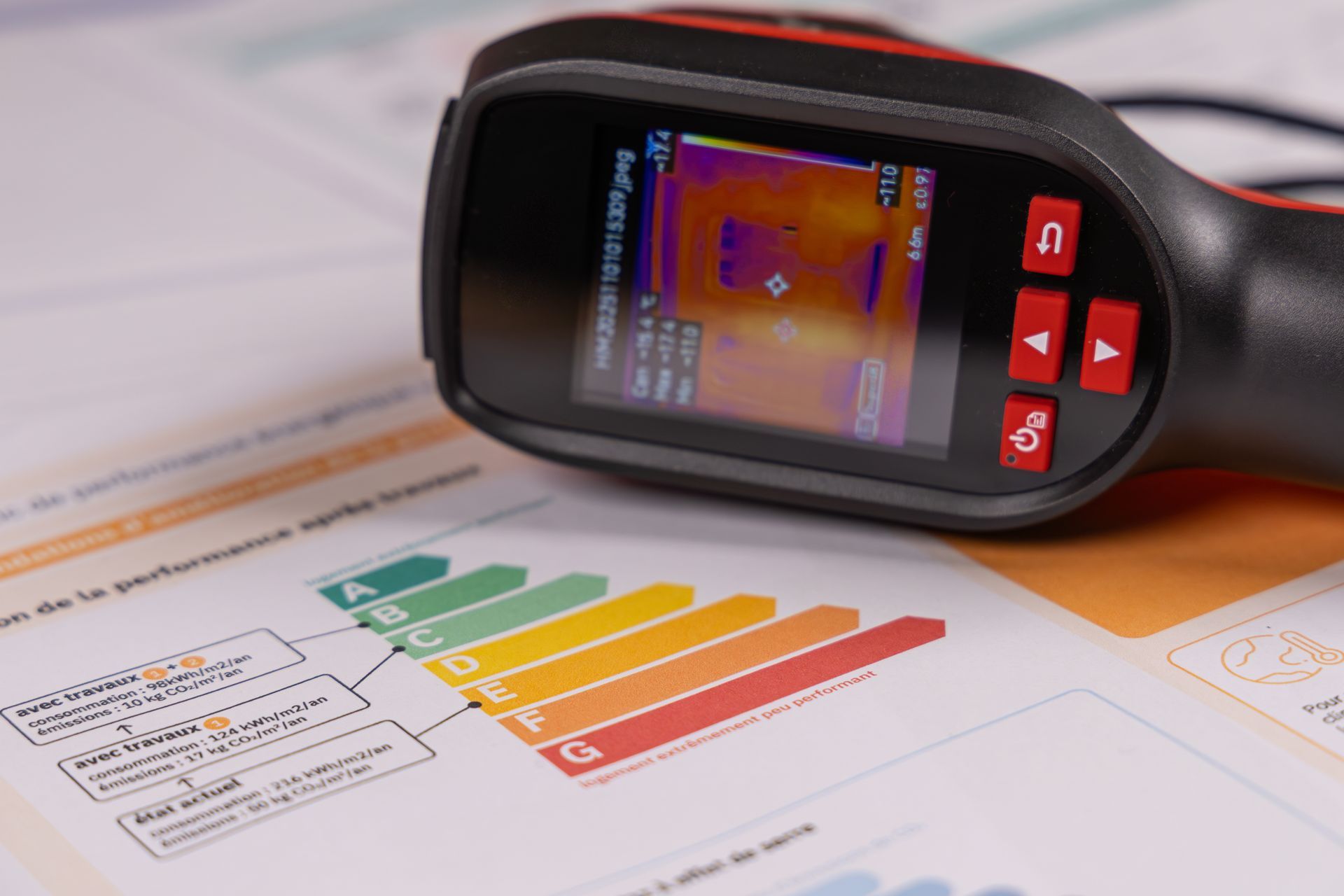 Caméra thermique affichant les signatures thermiques d'un document comportant une échelle d'évaluation de l'efficacité énergétique.
