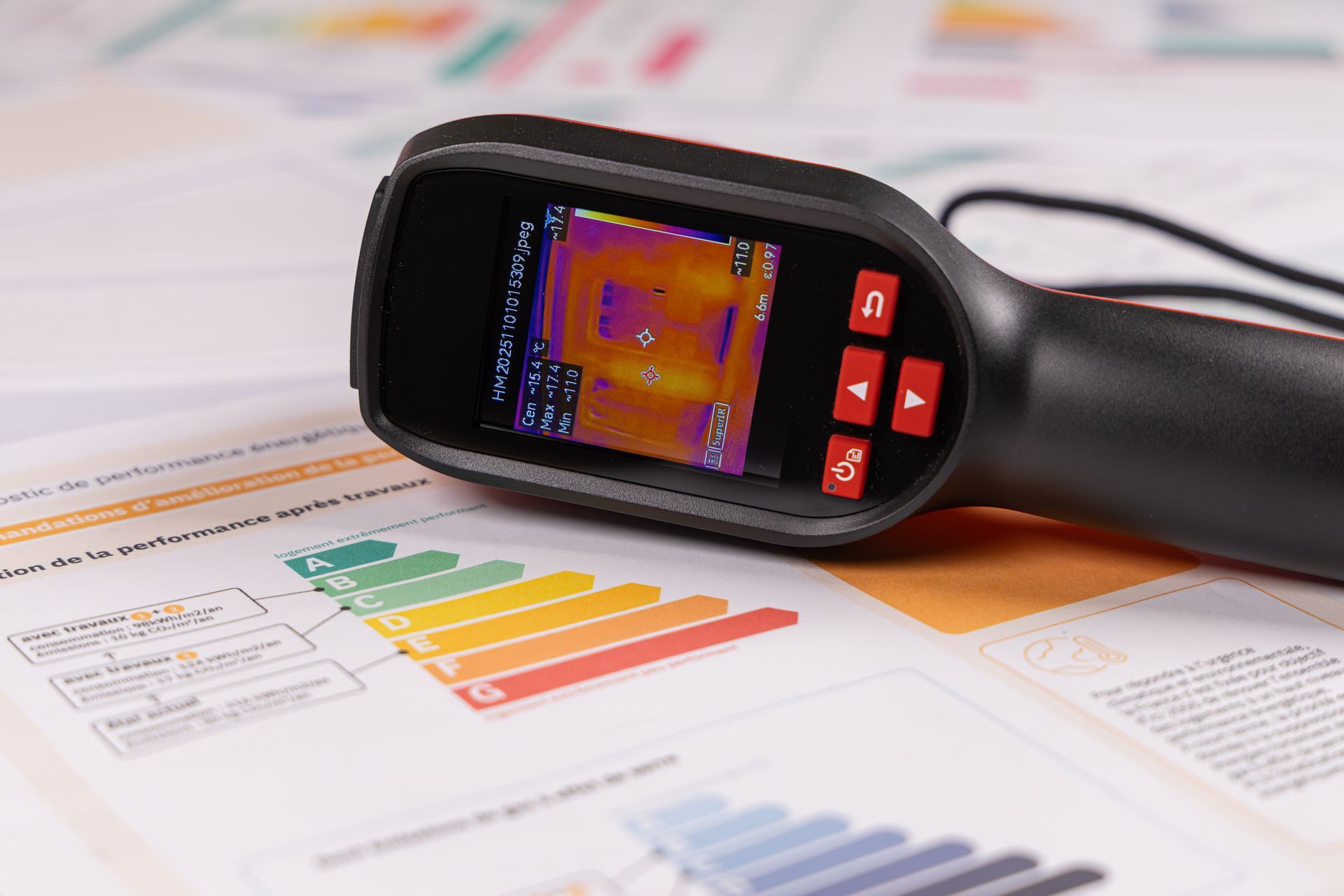 Caméra thermique affichant une carte thermique, posée sur un document relatif à l'efficacité énergétique.