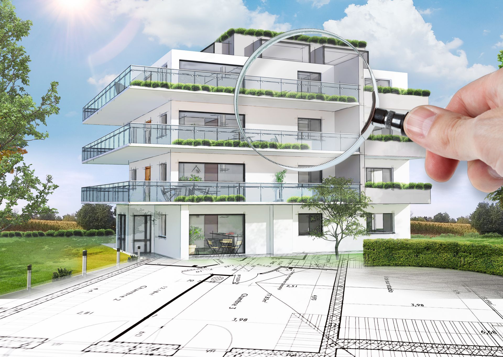 Main tenant une loupe au-dessus d'un immeuble d'appartements blanc moderne avec balcons, plan au premier plan.