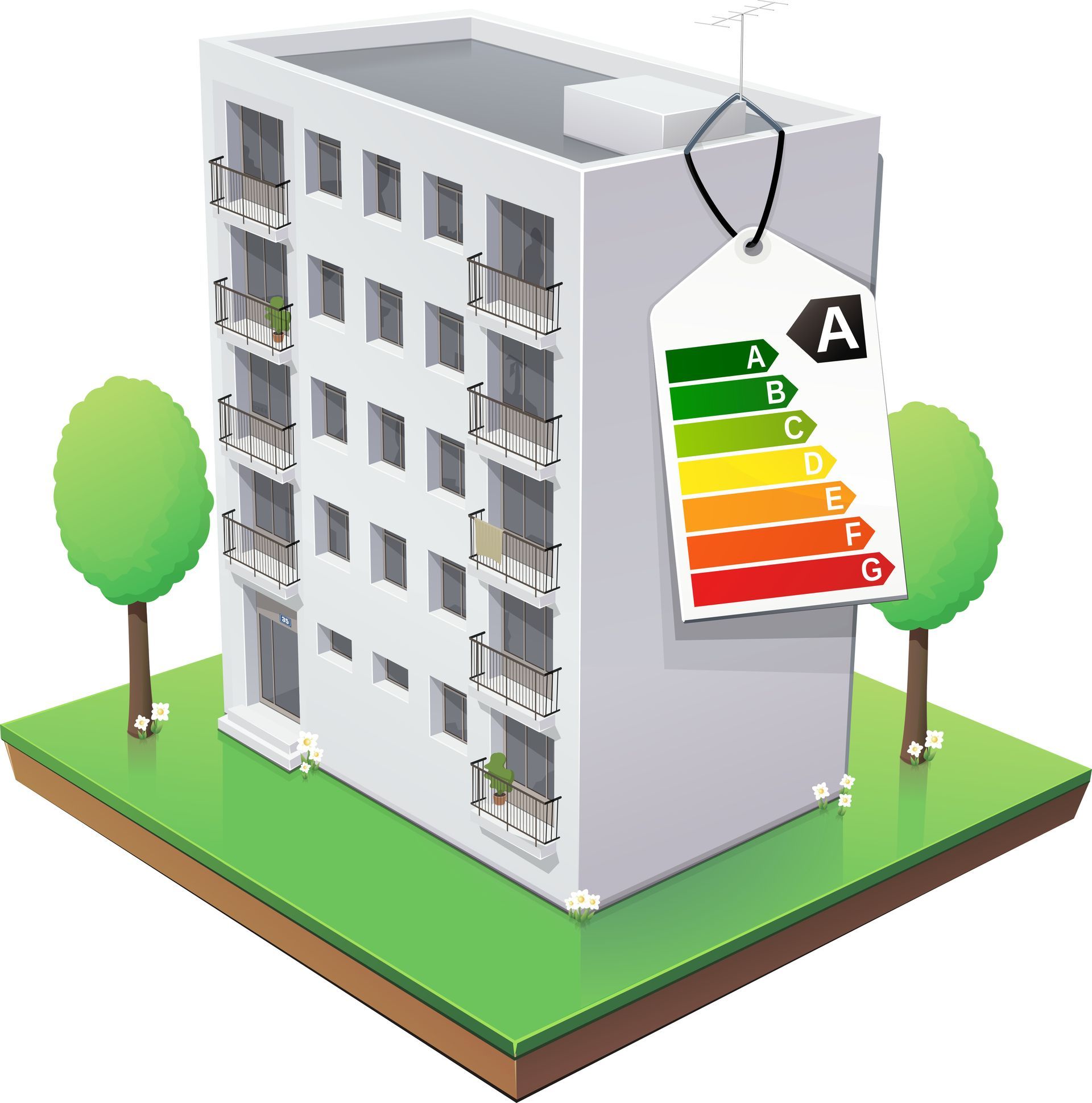 Immeuble d'appartements classé A en termes d'efficacité énergétique. Arbres et pelouses.