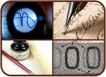 Collage de primeros planos de una pluma firmando, un tintero y una plumilla, y un trazo de caligrafía sobre papel