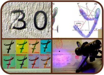 Collage de análisis de escritura a mano que muestra el número 30 calcado y trazos de bolígrafo sobre una página