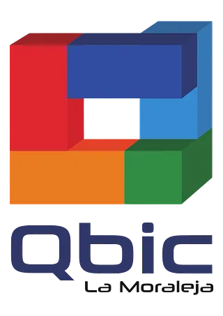 Logotipo de QBIC La Moraleja, un cubo estilizado en rojo, azul, naranja y verde, y el texto 