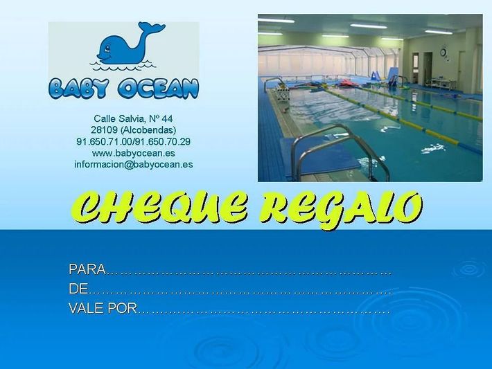 Certificado de regalo de la piscina Baby Ocean con imagen de piscina.
