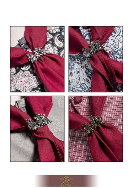 Una cuadrícula de cuatro paneles que muestra una bufanda color granate sostenida por un broche de metal plateado brillante y ornamentado, sobre diferentes telas texturizadas.