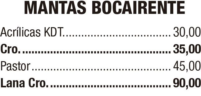 Lista de precios encabezada “MANTAS BOCAIRENTE” con artículos Acrílicas, Cro., Pastor y Lana Cro.
