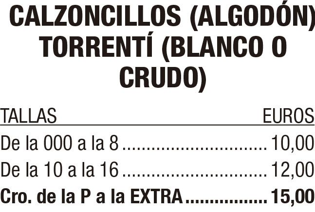 Tabla de precios de calzoncillos de algodón Torrenti en blanco o crudo, con tallas y euros.